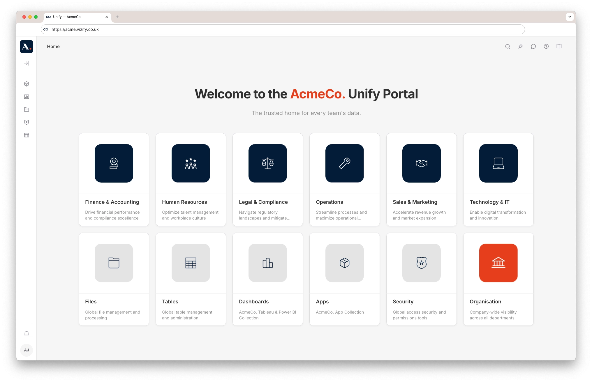 Unify portal for Acme, showing tiles for teams, files, dashboards and apps